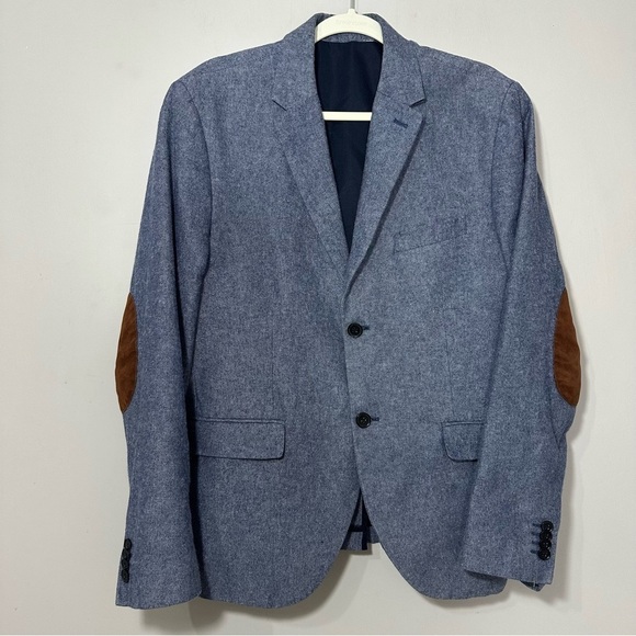H&M Light Blue Blazer Jacket Size 42R Slim Fit Cotton Elbow Patch Sportcoat - Picture 3 of 11